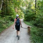 2 women walking on road with brown dog during daytime